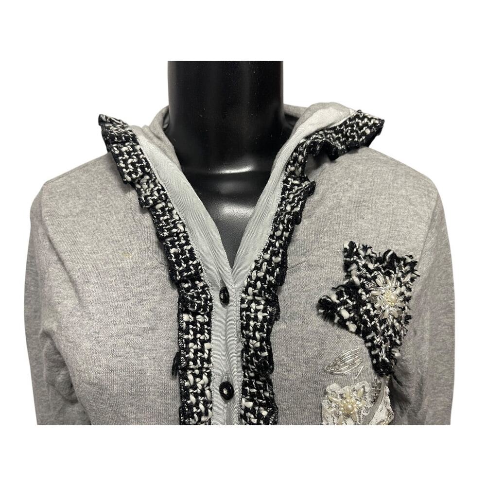 Large Charlotte Womens Gray Cardigan Sweater Hooded Cotton Rosettes - Picture 5 of 12